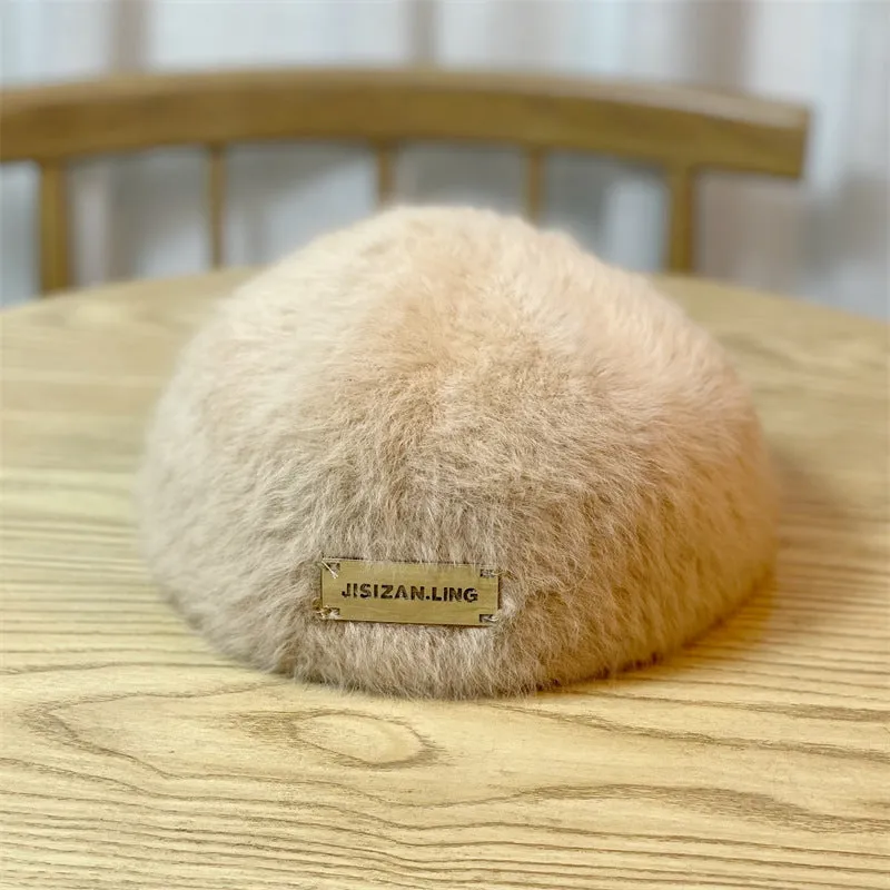 Hat female winter plush all-match rabbit fur retro beret female artist cap solid color