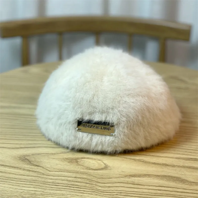 Hat female winter plush all-match rabbit fur retro beret female artist cap solid color