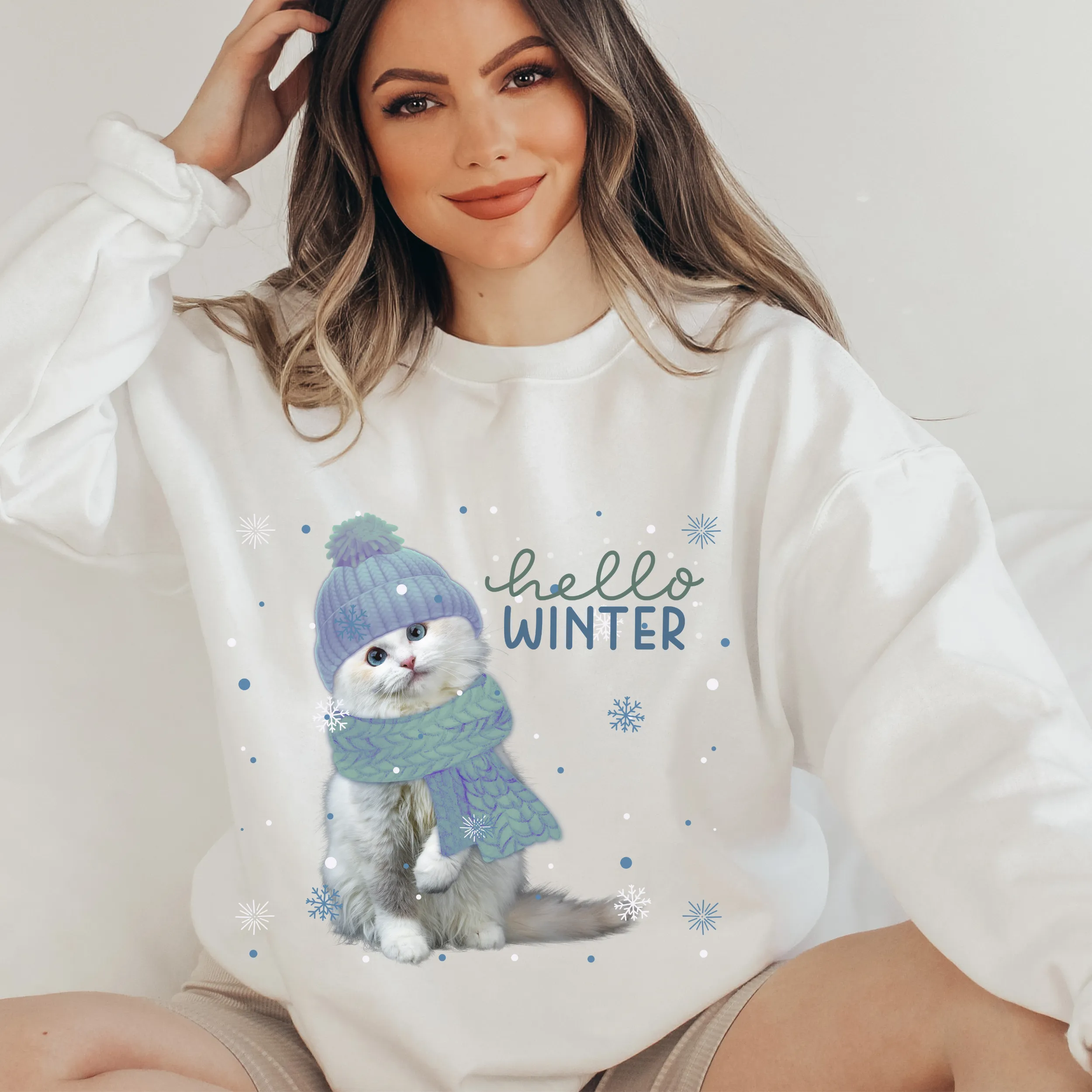 Hello Winter Cat Crewneck Sweatshirt Women's Soft, Cozy Pullover in Ash or White Cute Watercolor Cat in a Beanie Design