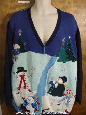 Holiday Snowman Scene Funny Christmas Sweater