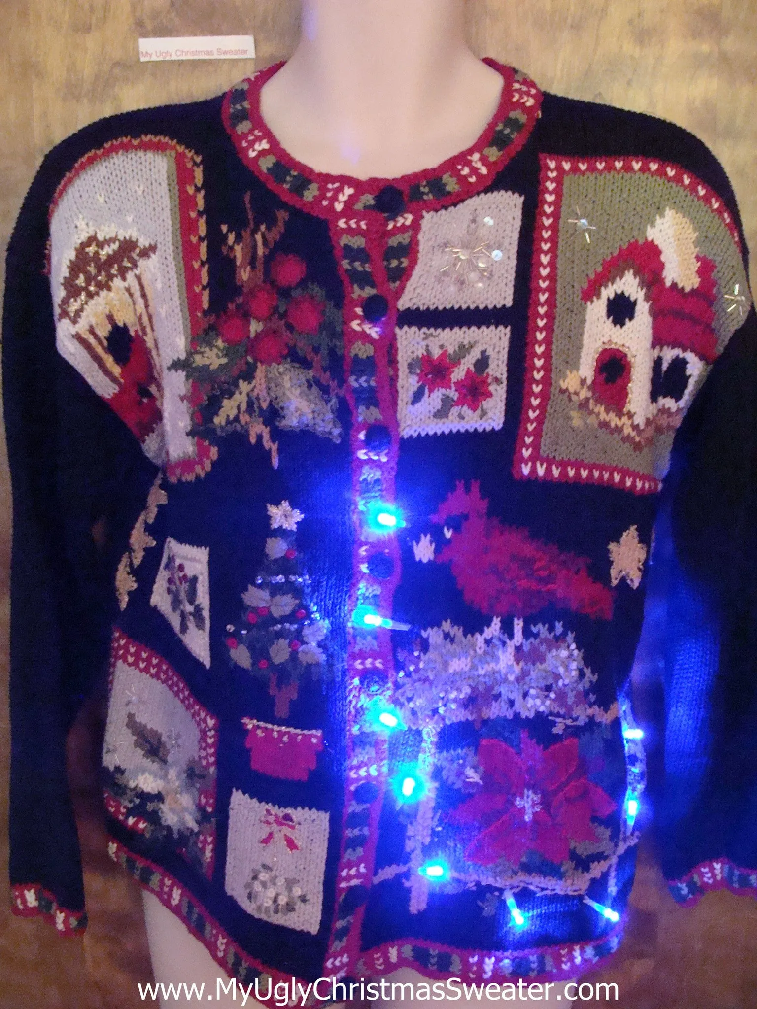 Horrible Red Cardinal Crazy Tacky Xmas Sweater with Lights