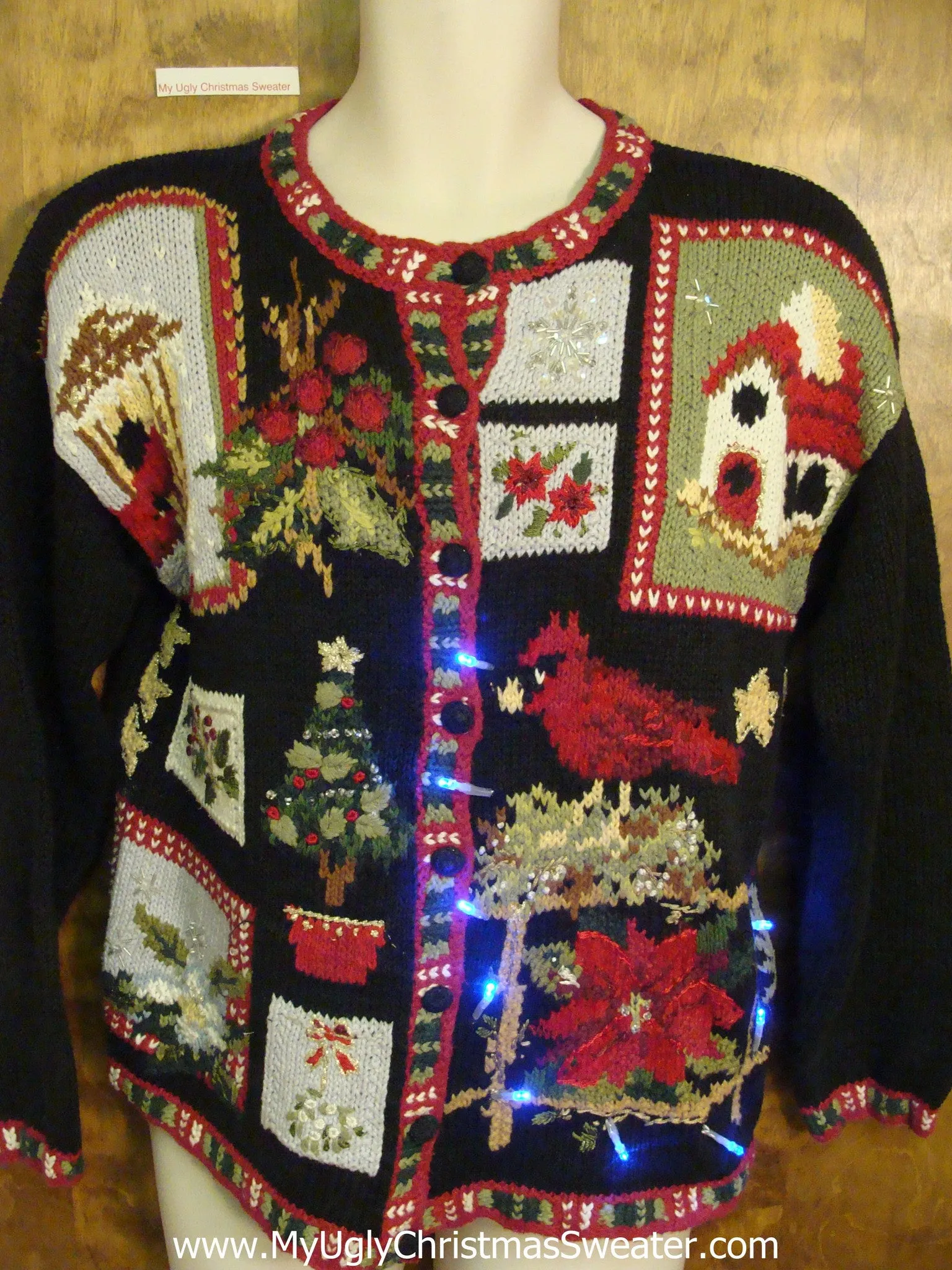 Horrible Red Cardinal Crazy Tacky Xmas Sweater with Lights