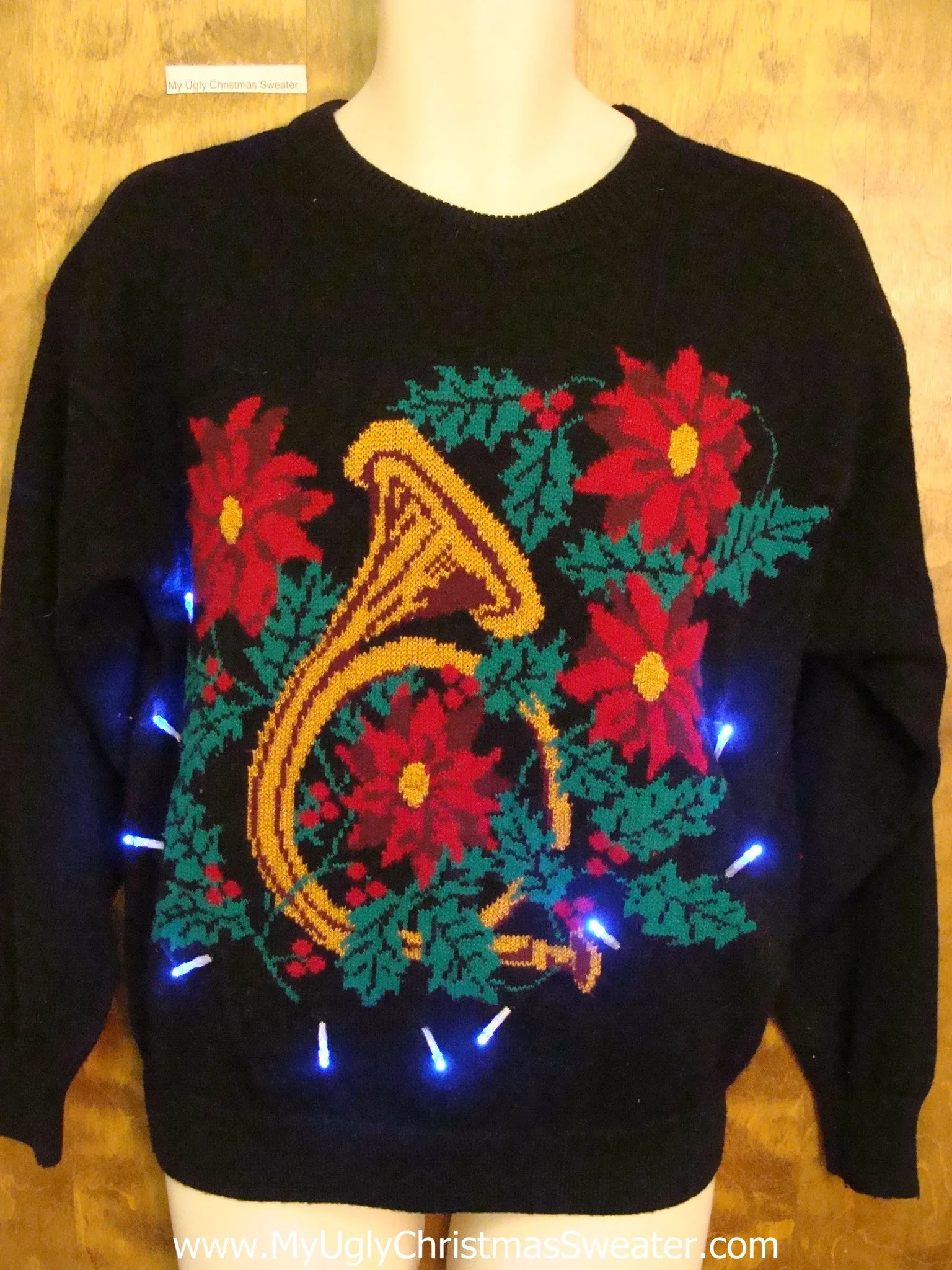 Horrible Trumpet and Poinsettias Light Up Ugly Xmas Sweater