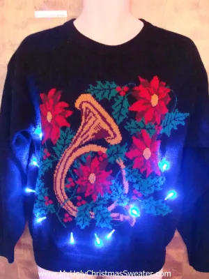 Horrible Trumpet and Poinsettias Light Up Ugly Xmas Sweater