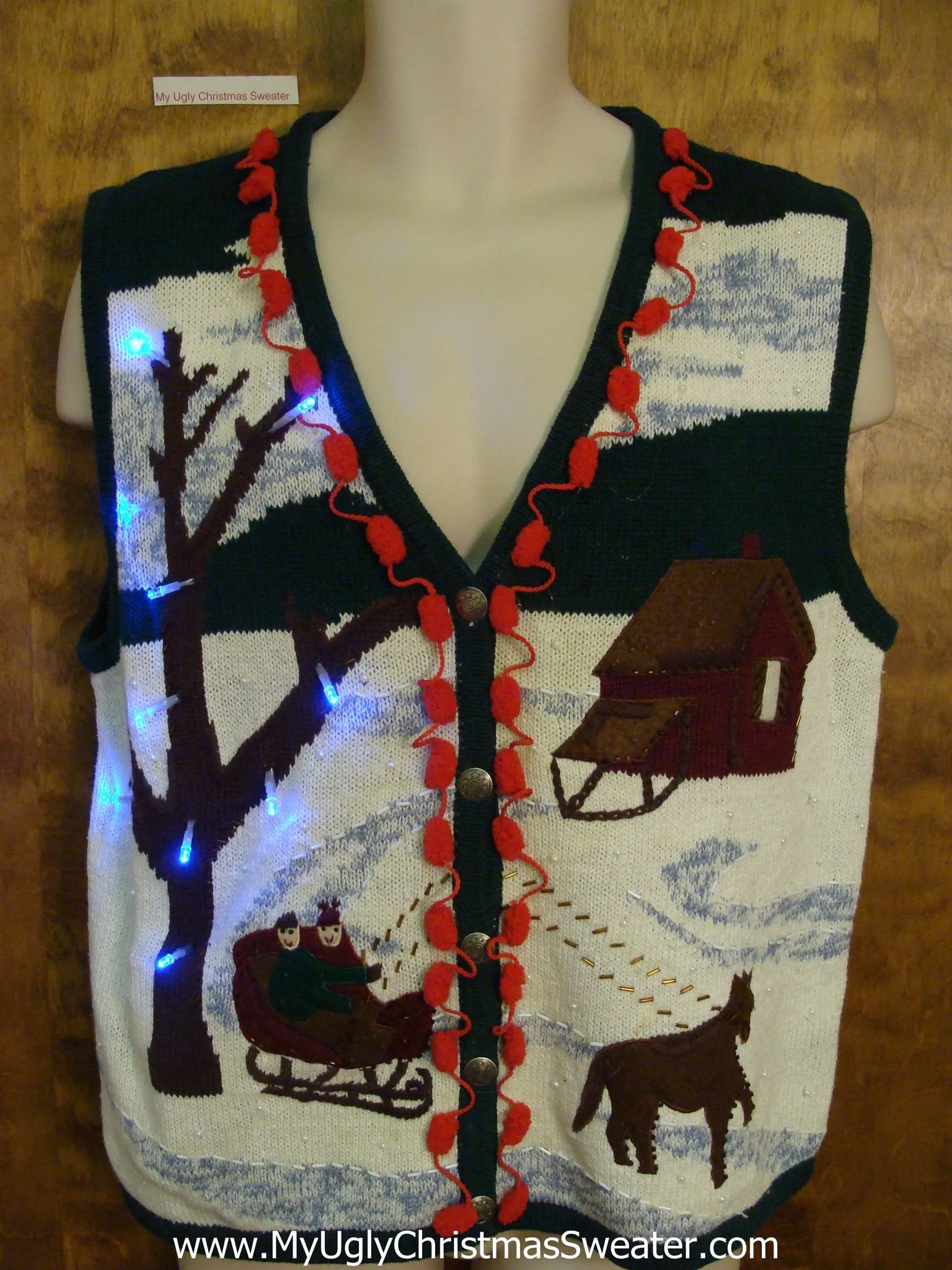 Horse and Sleigh Light Up Ugly Xmas Sweater Vest