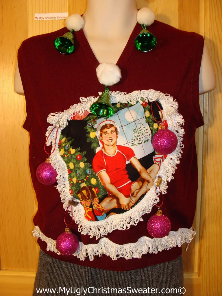 Hottie Guy Tacky Ugly Christmas Mens Sweater Vest Dangling Fringe & 3D Ornaments (b31)