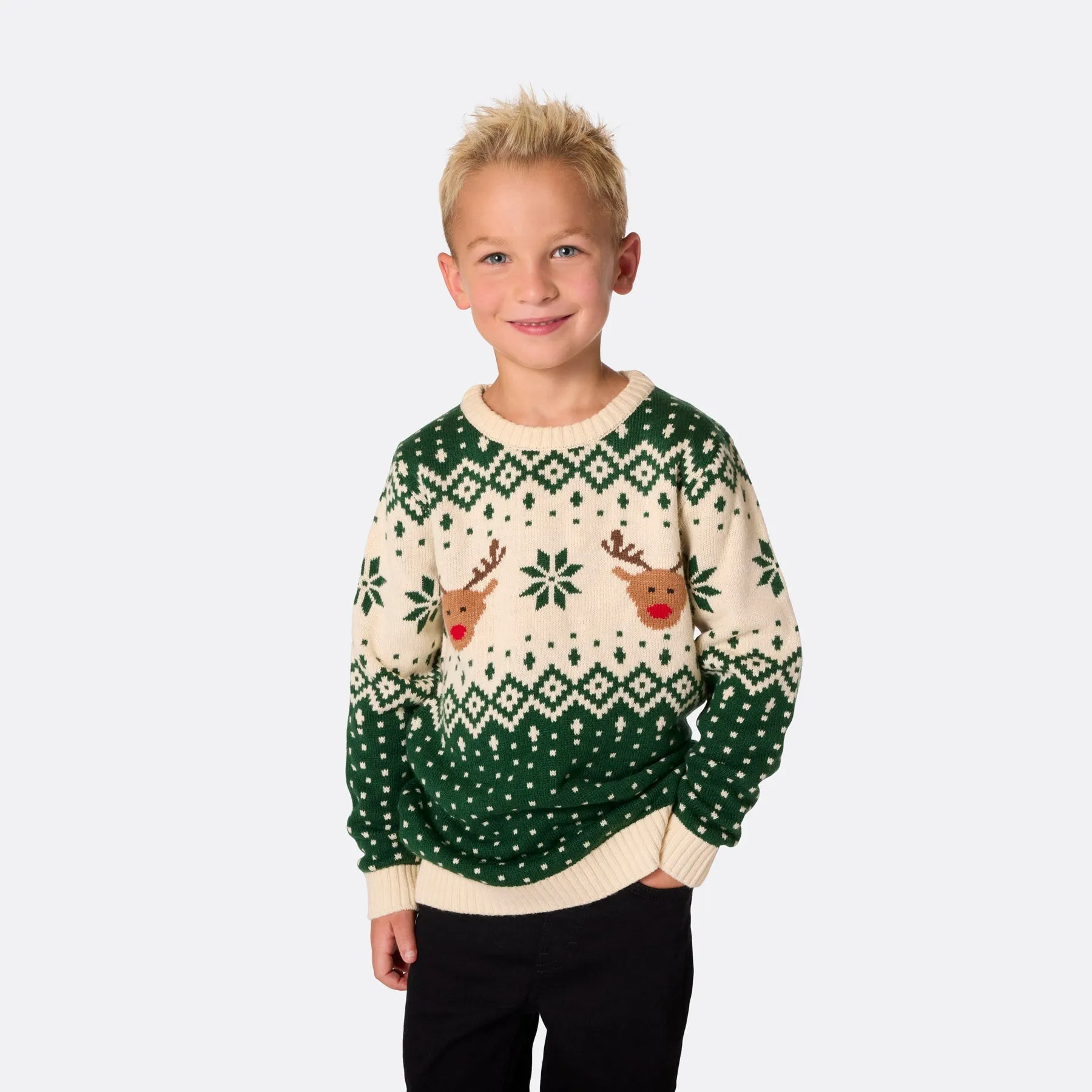 Kids' Retro Reindeer Green Christmas Jumper