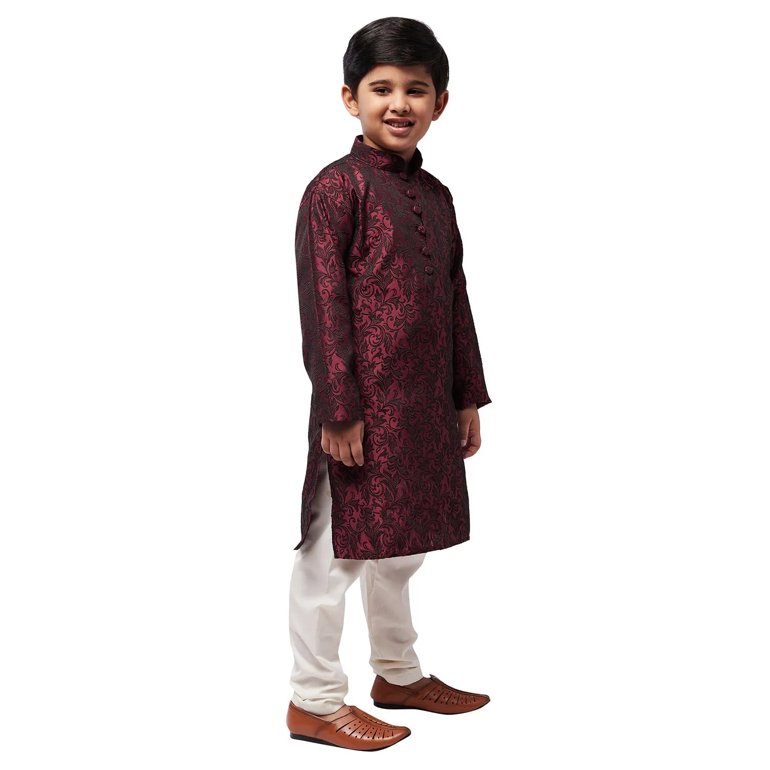 Kid's Silk Blend Maroon Kurta & Off-White Churidar Pyjama set - Sojanya KID