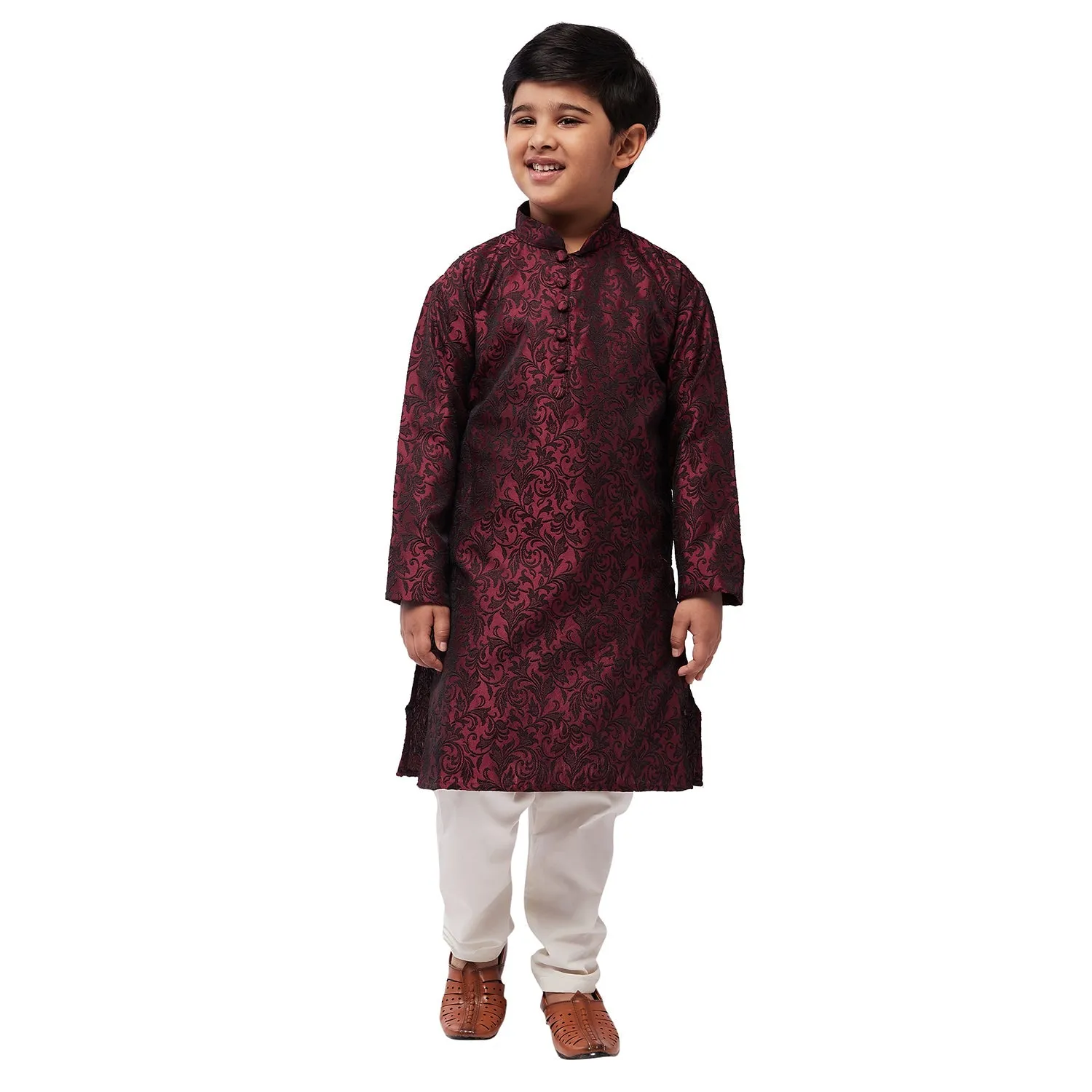 Kid's Silk Blend Maroon Kurta & Off-White Churidar Pyjama set - Sojanya KID