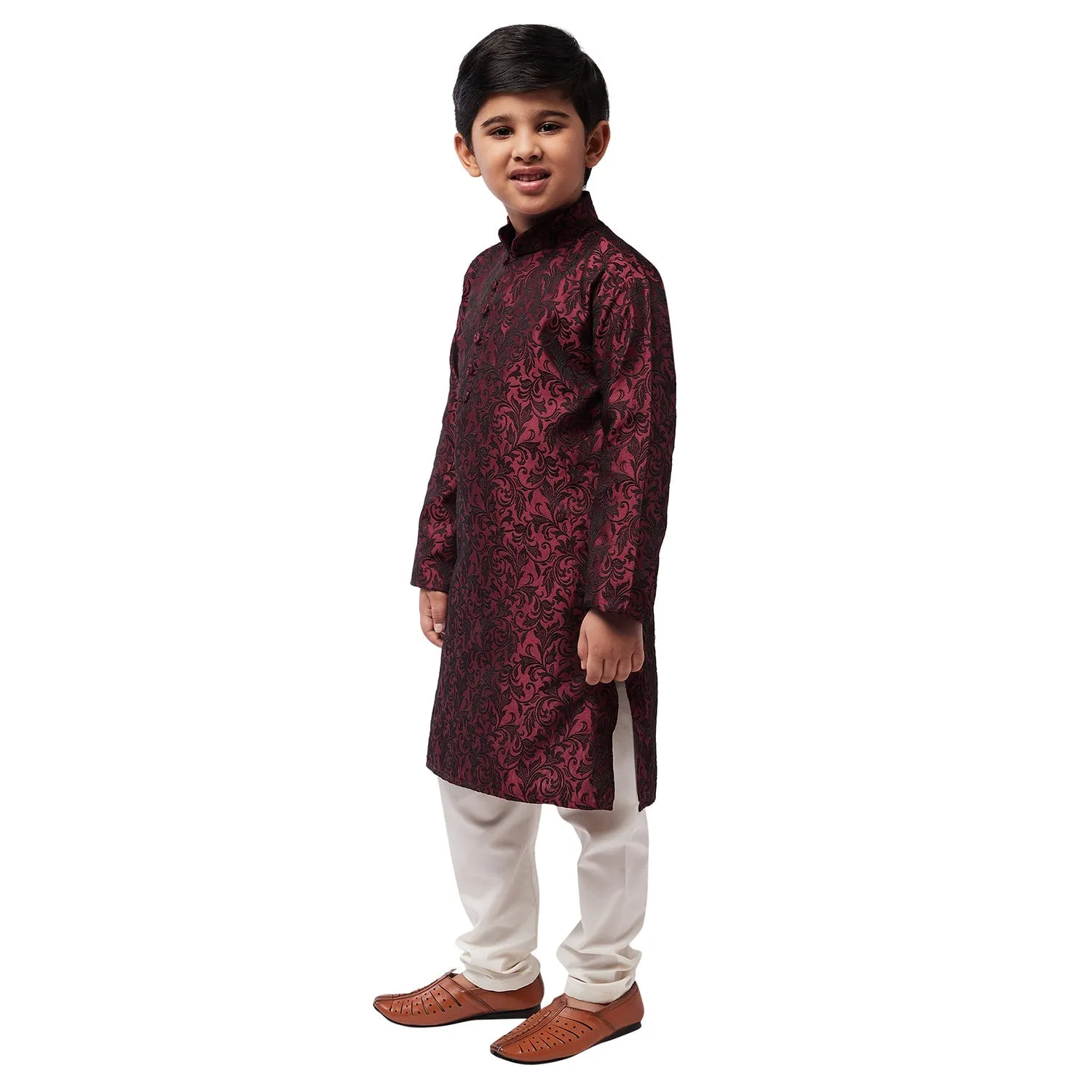 Kid's Silk Blend Maroon Kurta & Off-White Churidar Pyjama set - Sojanya KID