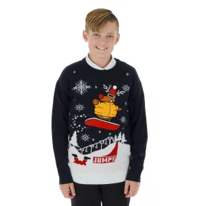 Kids Snowboarding Rudolph Christmas Jumper Snowflakes Fun