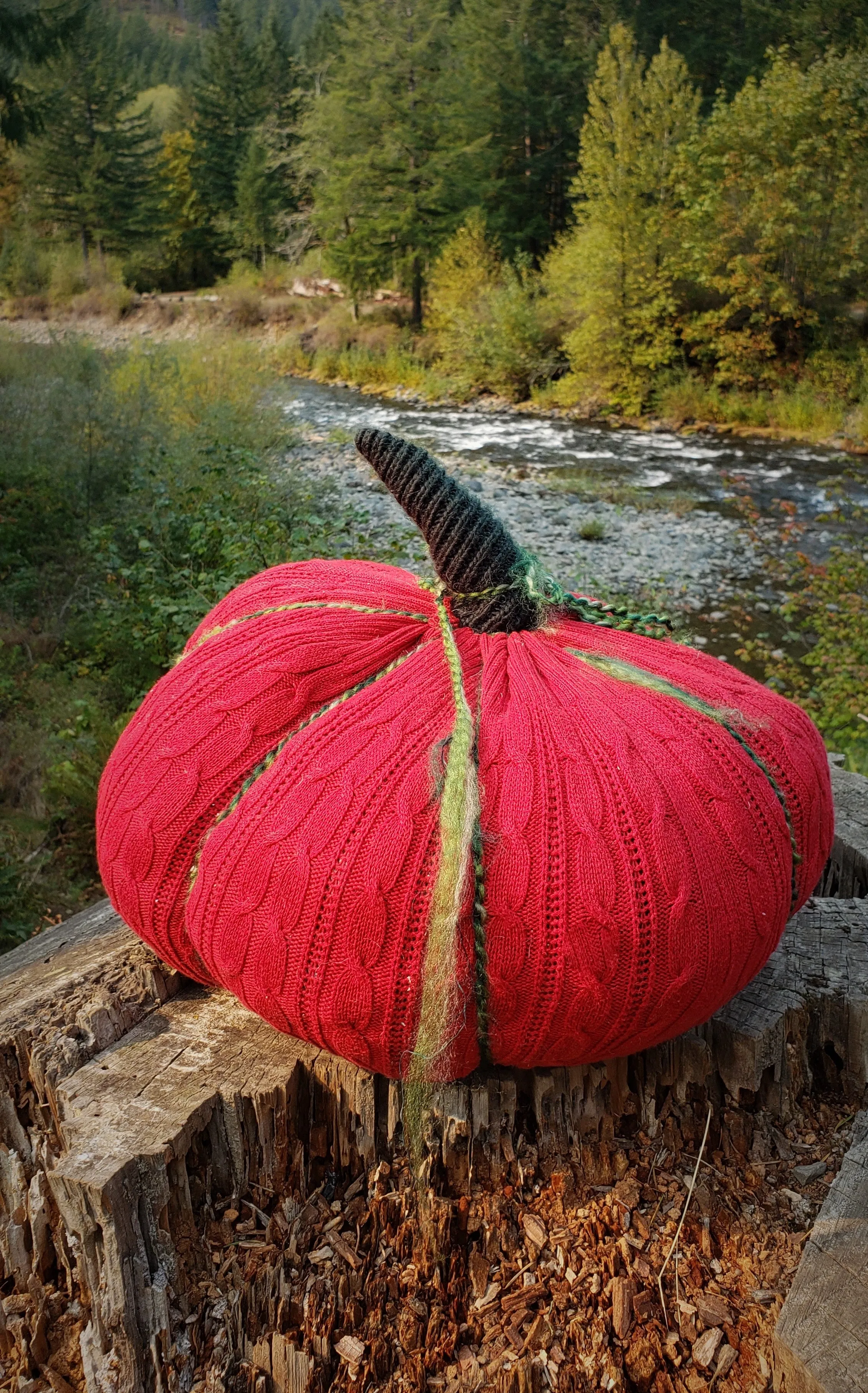 Knit Pumpkin Pillow Pouf of Holiday Red and Green