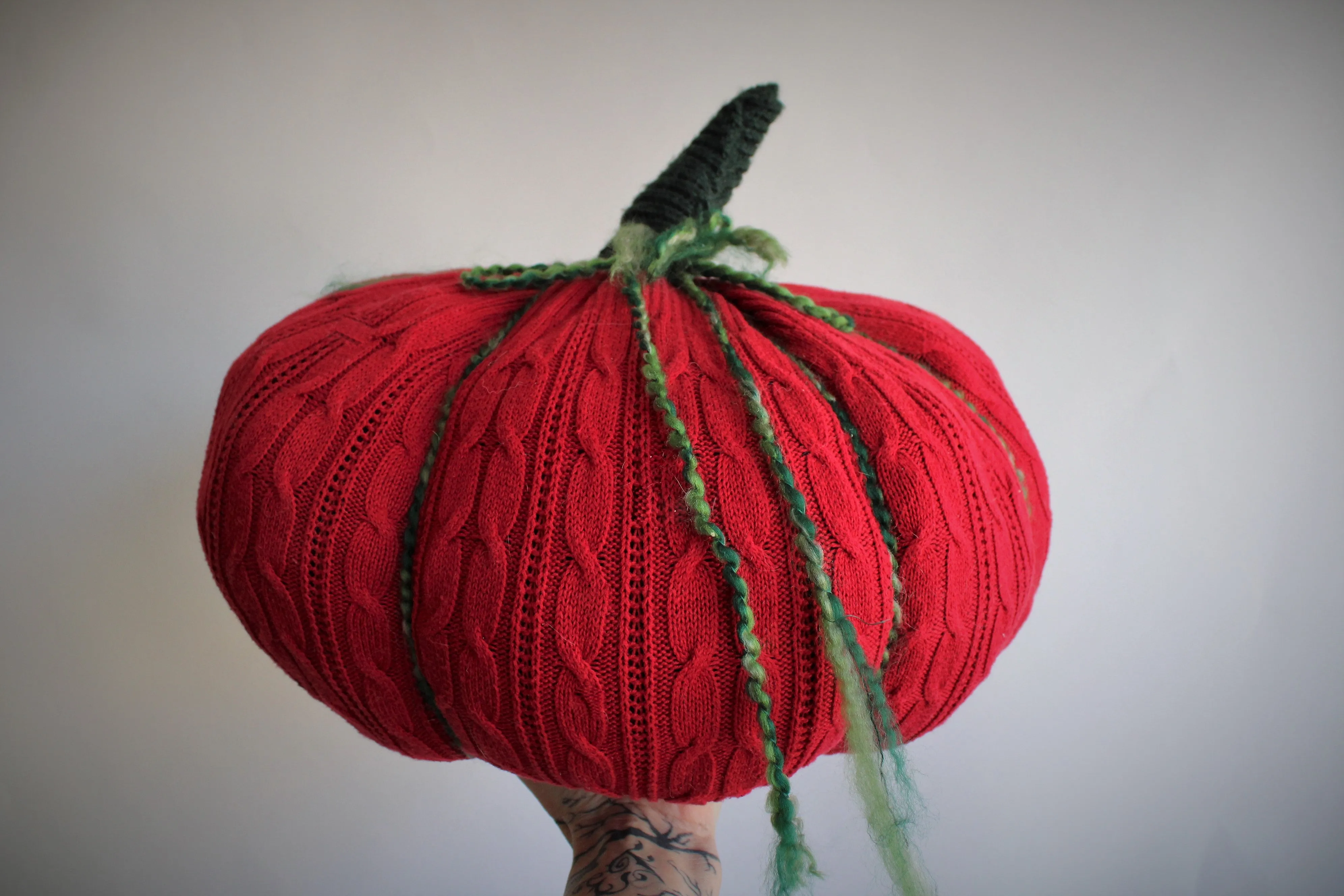 Knit Pumpkin Pillow Pouf of Holiday Red and Green