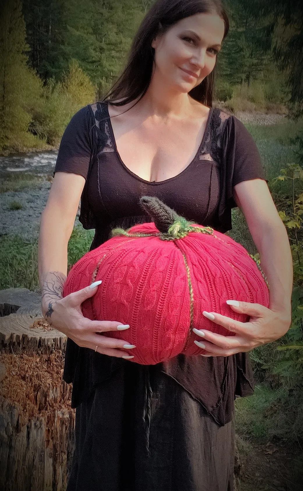 Knit Pumpkin Pillow Pouf of Holiday Red and Green