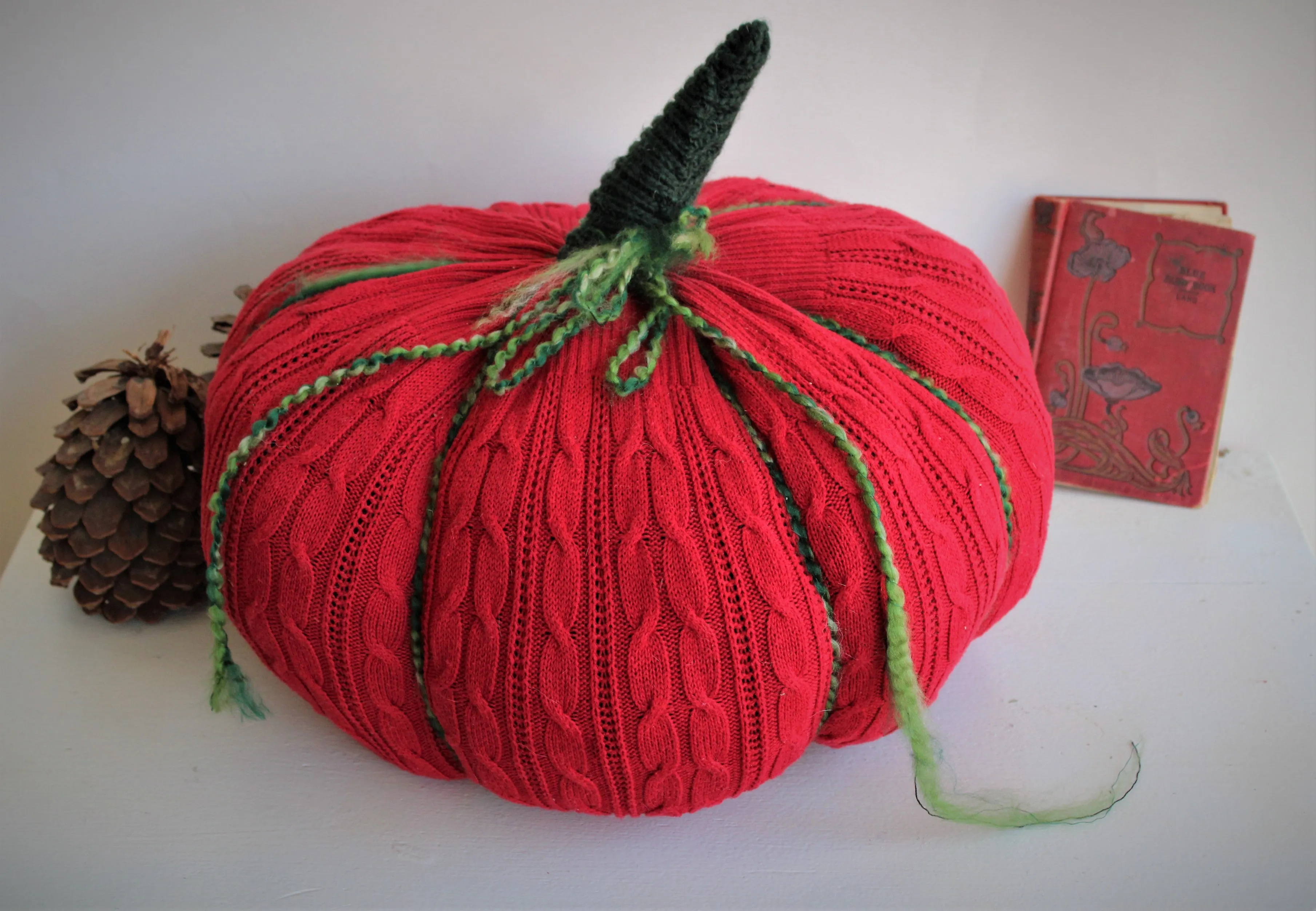 Knit Pumpkin Pillow Pouf of Holiday Red and Green