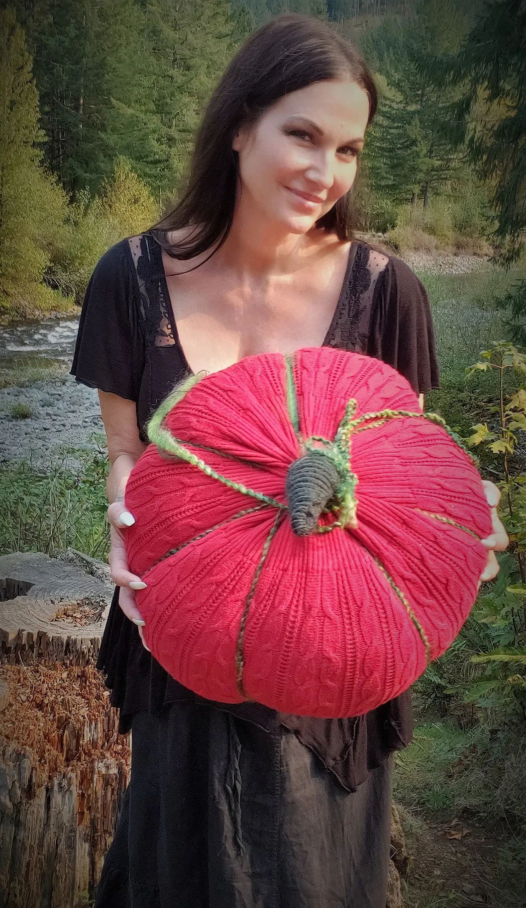 Knit Pumpkin Pillow Pouf of Holiday Red and Green