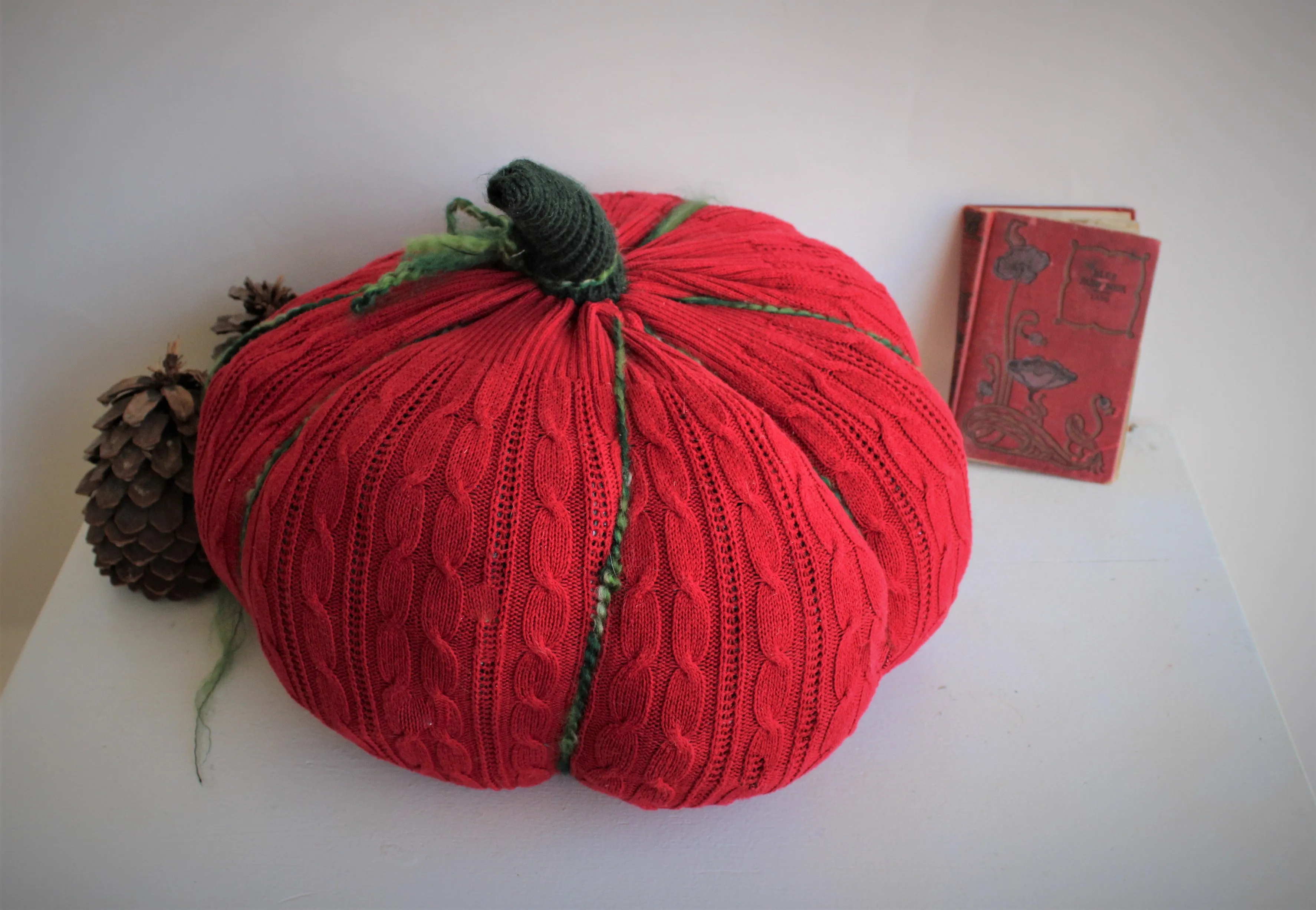 Knit Pumpkin Pillow Pouf of Holiday Red and Green