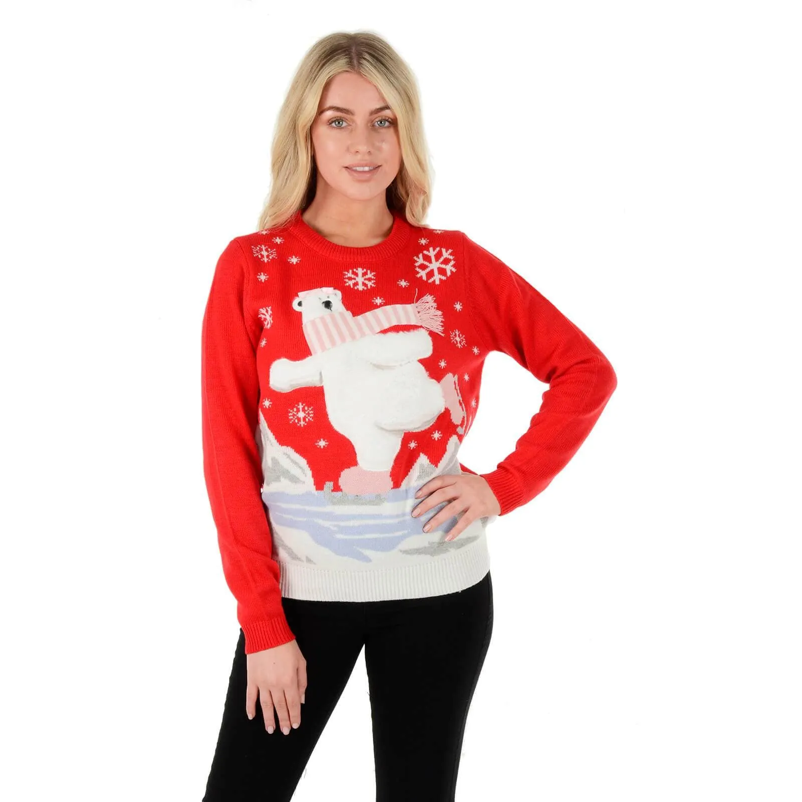 Ladies Christmas Jumper Polar Bear Ice Skating Red