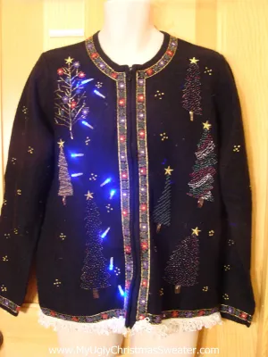 Light Up Black Ugly Xmas Sweater Bling Trees and Fringe