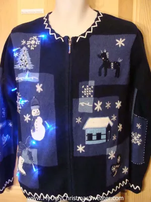 Light Up Blue 2sided Ugly Xmas Sweater with Snowmen