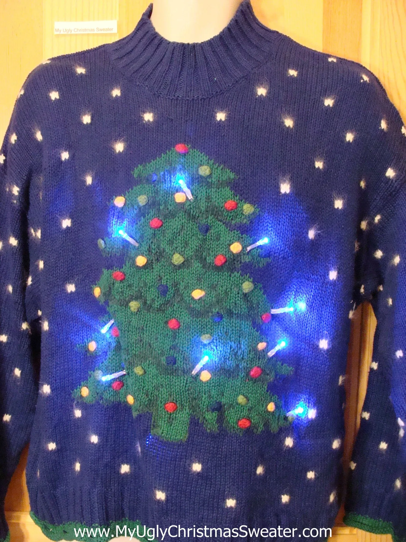 Light Up Blue Christmas Sweater Huge Tree PomPom Snow