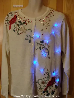 Light Up Christmas Sweater Red Cardinal Birds with Bling