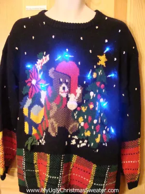 Light Up Christmas Sweater with Plaid Trim, Bear, Gifts