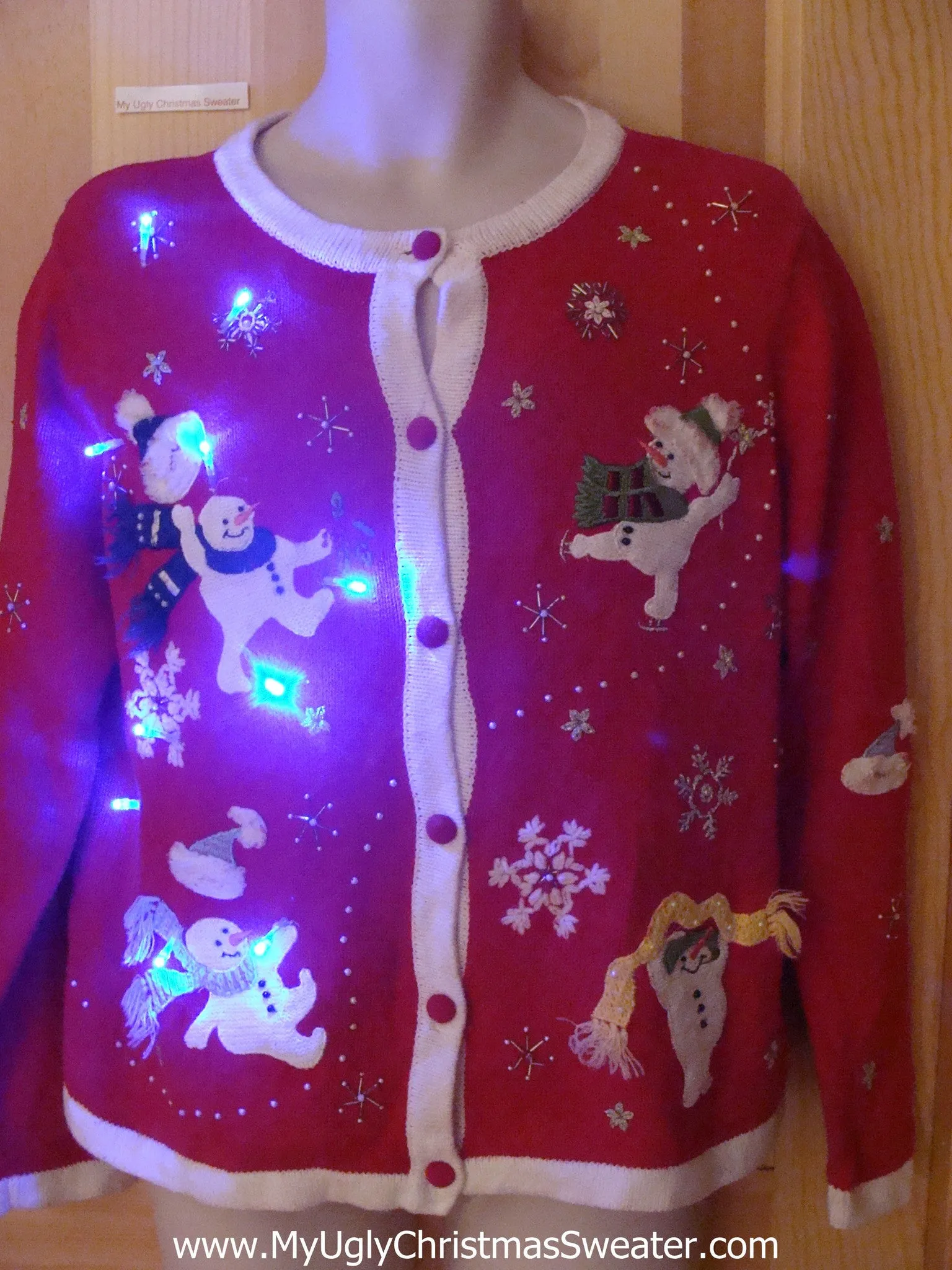 Light Up Red Ugly Xmas Sweater with Dancing Snowmen