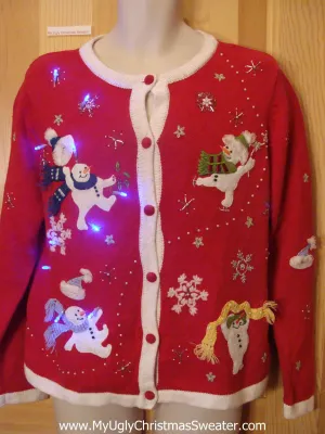 Light Up Red Ugly Xmas Sweater with Dancing Snowmen