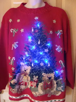 Light Up Ugly Xmas Sweater 80s Bear and Tree