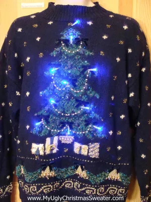 Light Up Ugly Xmas Sweater 80s Style Tree Snowflakes