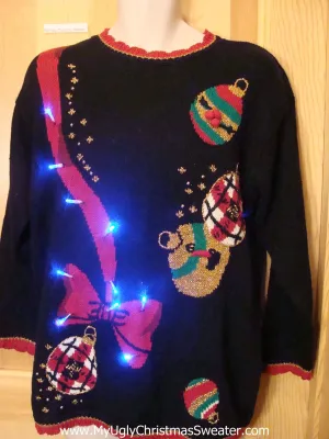 Light Up Ugly Xmas Sweater 80s with Long Red Bow and Ornaments