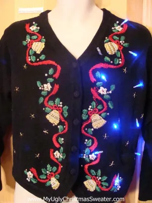 Light Up Ugly Xmas Sweater Cardigan Red Ribbon, Bells, Ivy