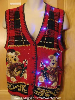 Light Up Ugly Xmas Sweater Plaid Vest Bears