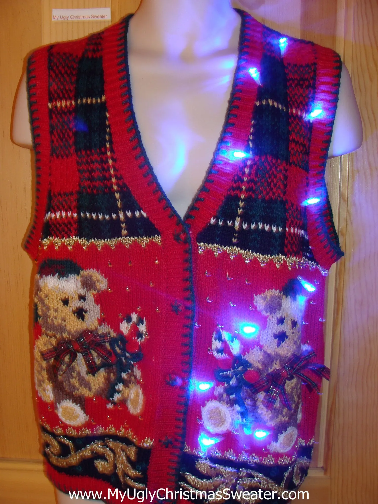 Light Up Ugly Xmas Sweater Plaid Vest Bears