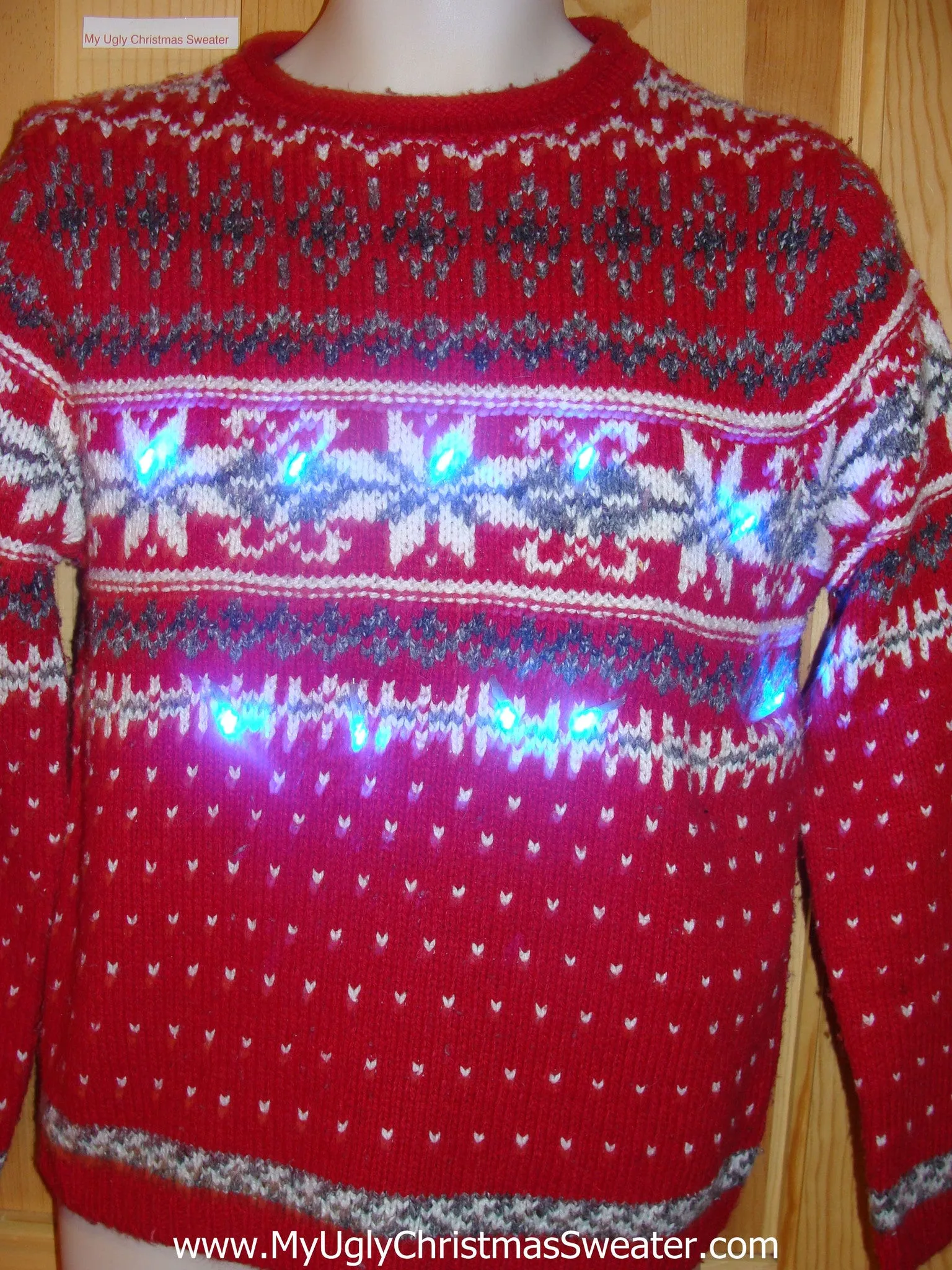 Light Up Ugly Xmas Sweater Red Nordic Pullover Snowflakes