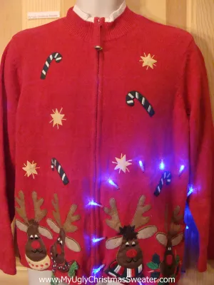 Light Up Ugly Xmas Sweater Red Nosed Reindeer and Floating Candycanes