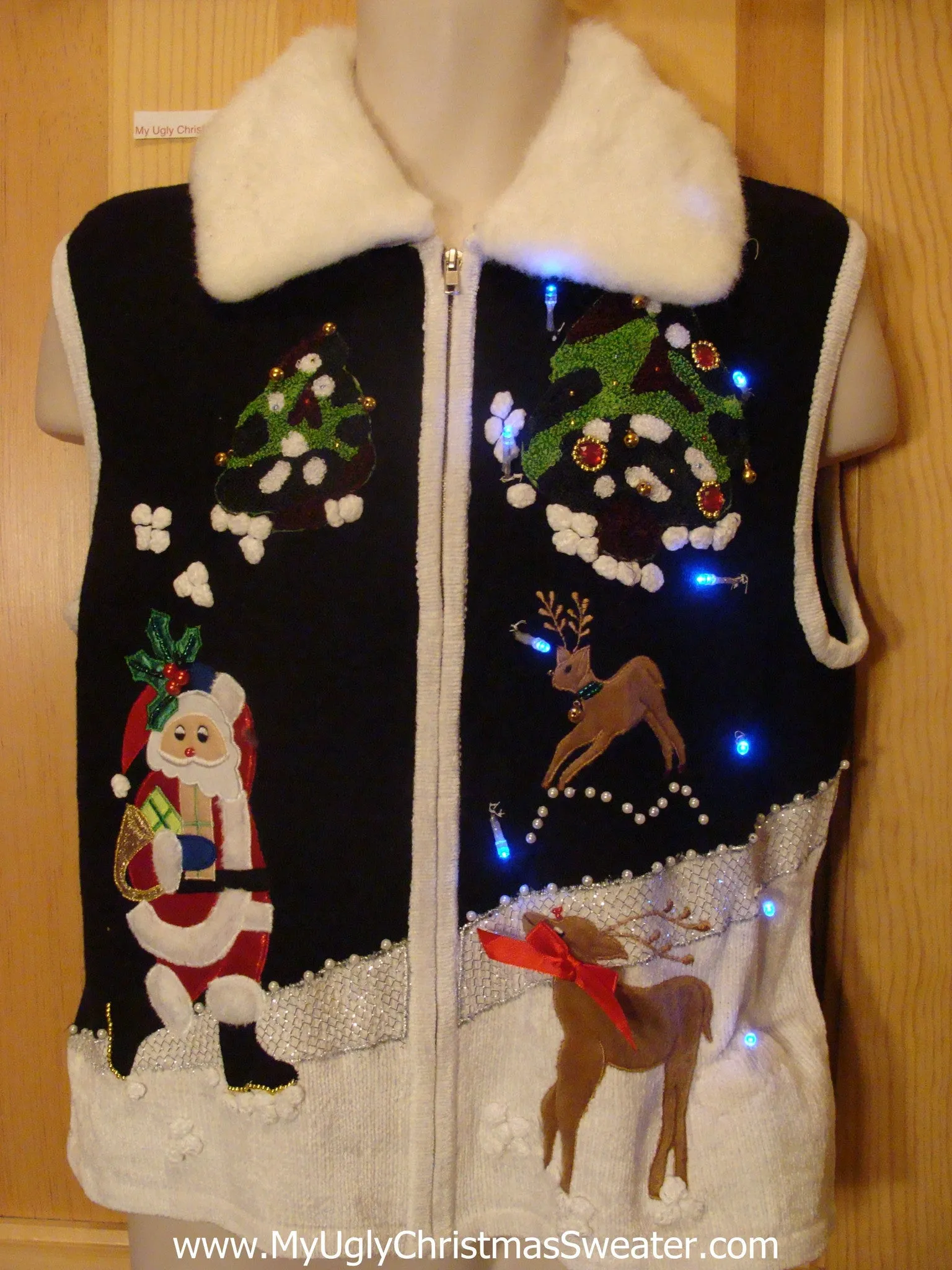 Light Up Ugly Xmas Sweater Vest Santa Reindeer Massive Furry Collar