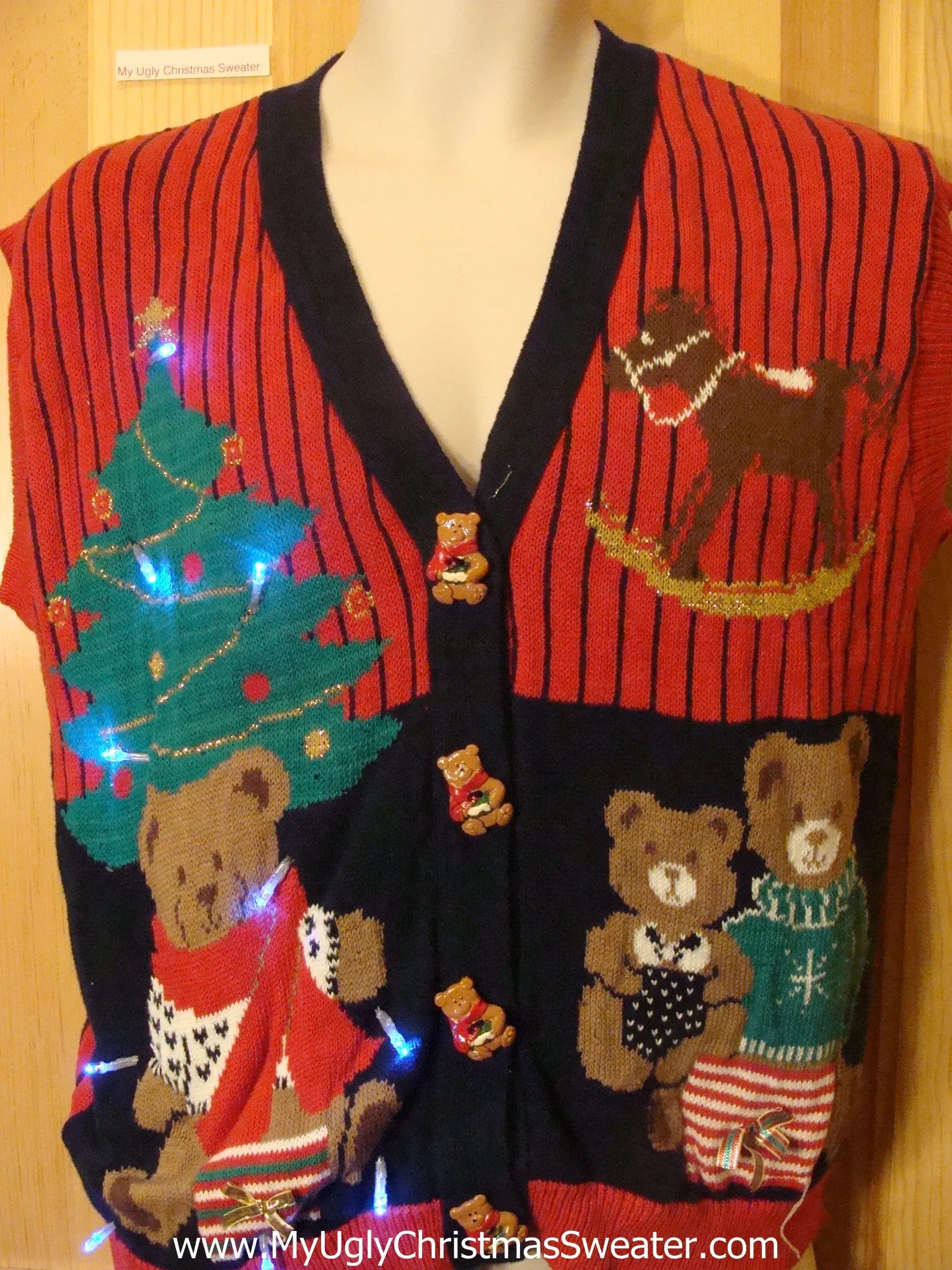 Light Up Ugly Xmas Sweater Vest with Bears