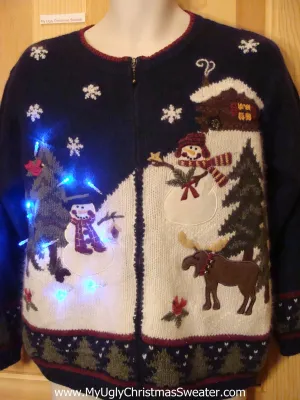 Light Up Ugly Xmas Sweater with Moose, Snowmen, Snowflakes