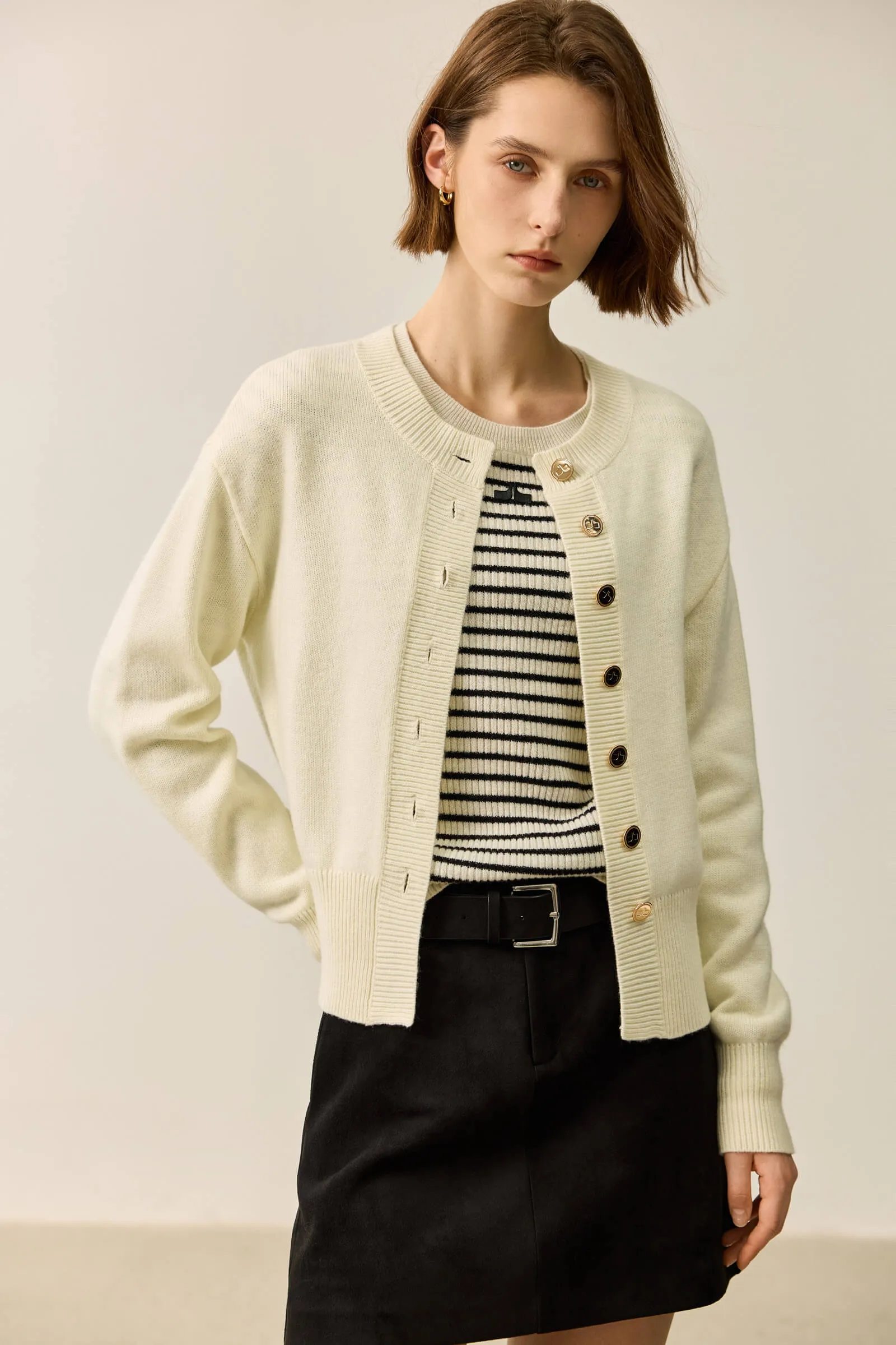 LILY Wool Blend Crewneck Knit Cardigan