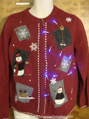 Maroon Patchwork Snowmen Light Up Ugly Xmas Sweater