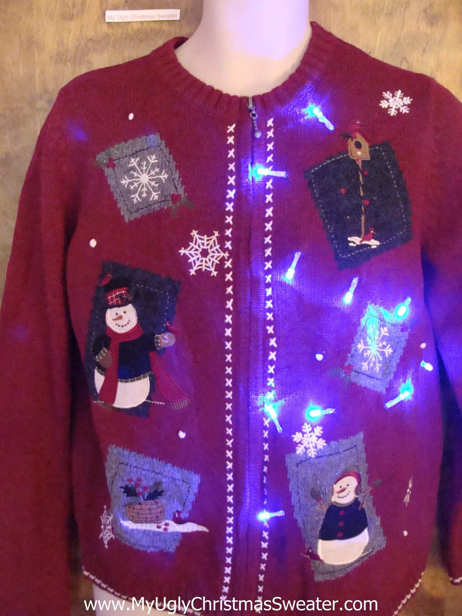 Maroon Patchwork Snowmen Light Up Ugly Xmas Sweater