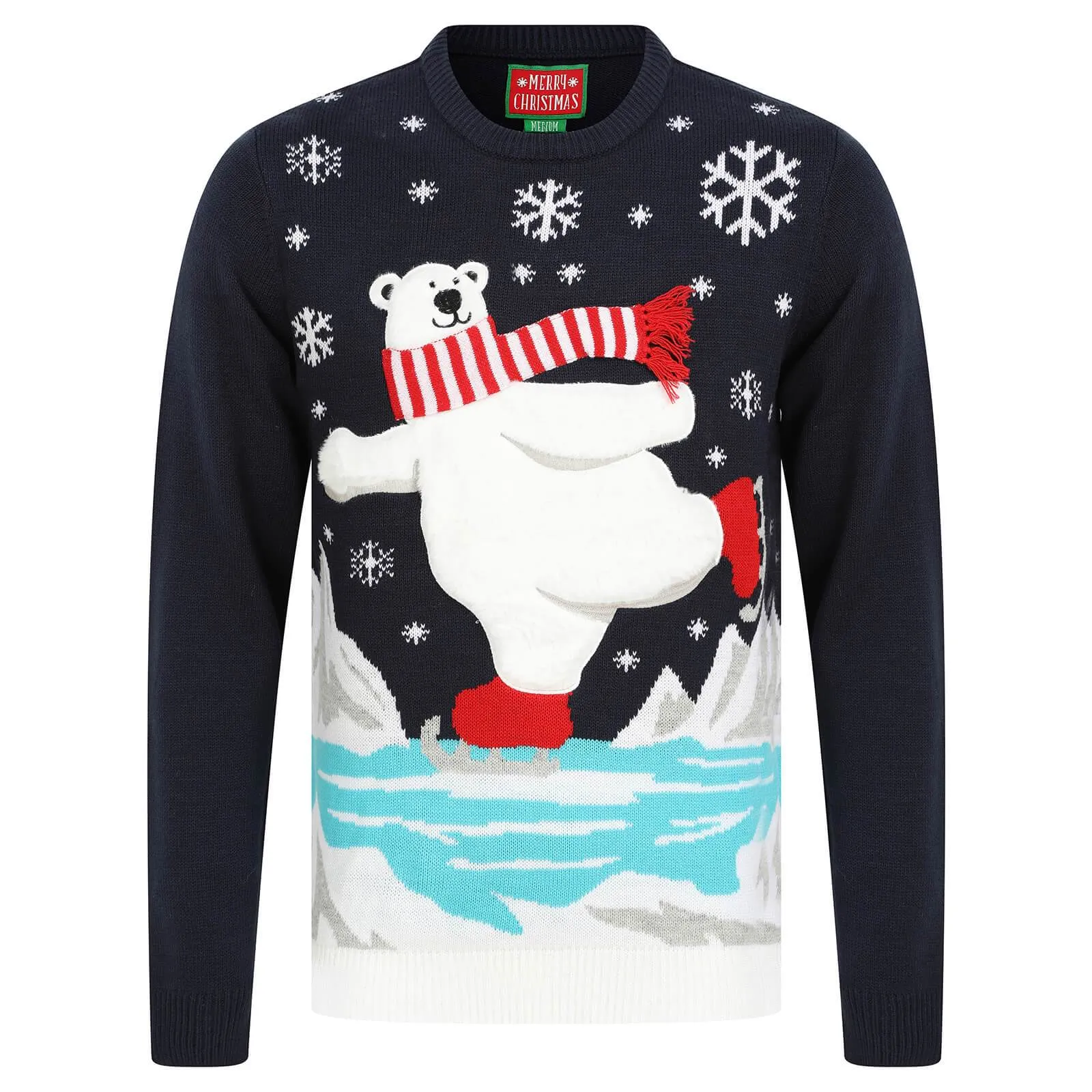 Mens Christmas Jumper Polar Bear Ice Skating With Striped Scarf