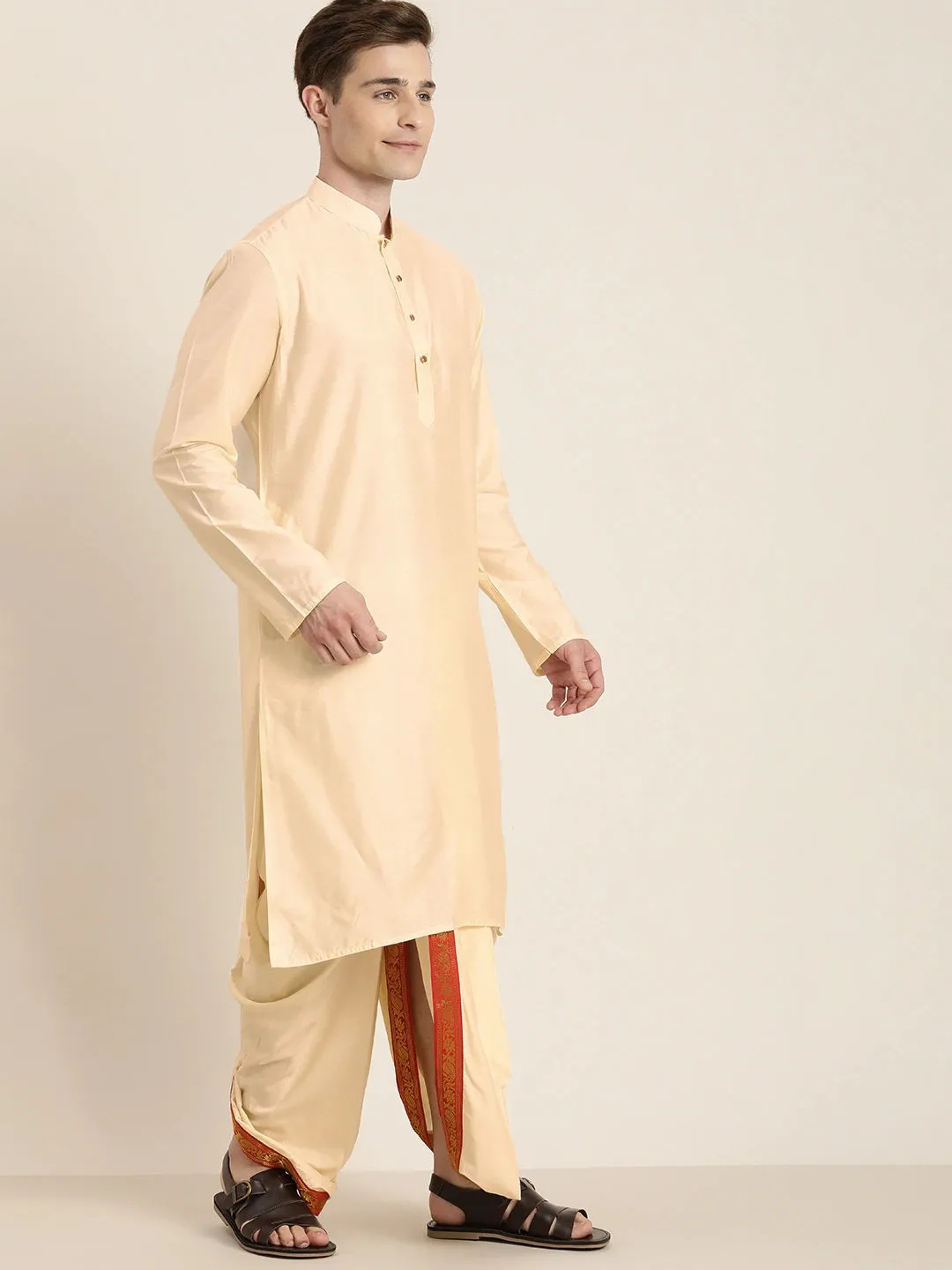 Men's Cream Cotton Blend Kurta Dhoti And Dupatta - Vastramay