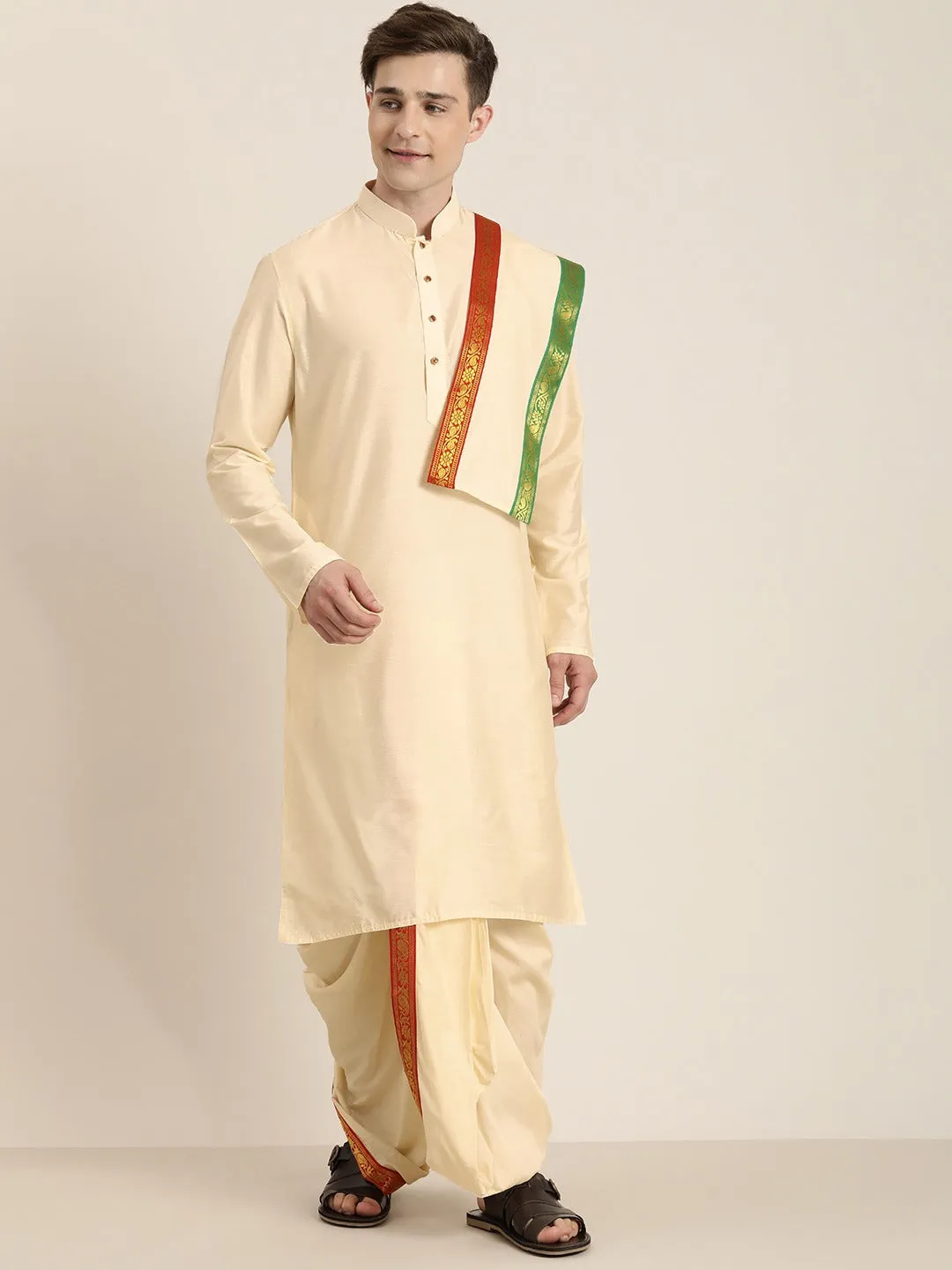 Men's Cream Cotton Blend Kurta Dhoti And Dupatta - Vastramay