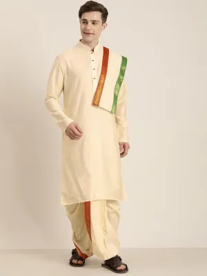 Men's Cream Cotton Blend Kurta Dhoti And Dupatta - Vastramay