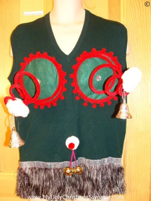 Mens Naughty Tacky Ugly Christmas Sweater Vest with Funny Springy 3D Accents and Fringe and Jingle Bells Balls (r27)