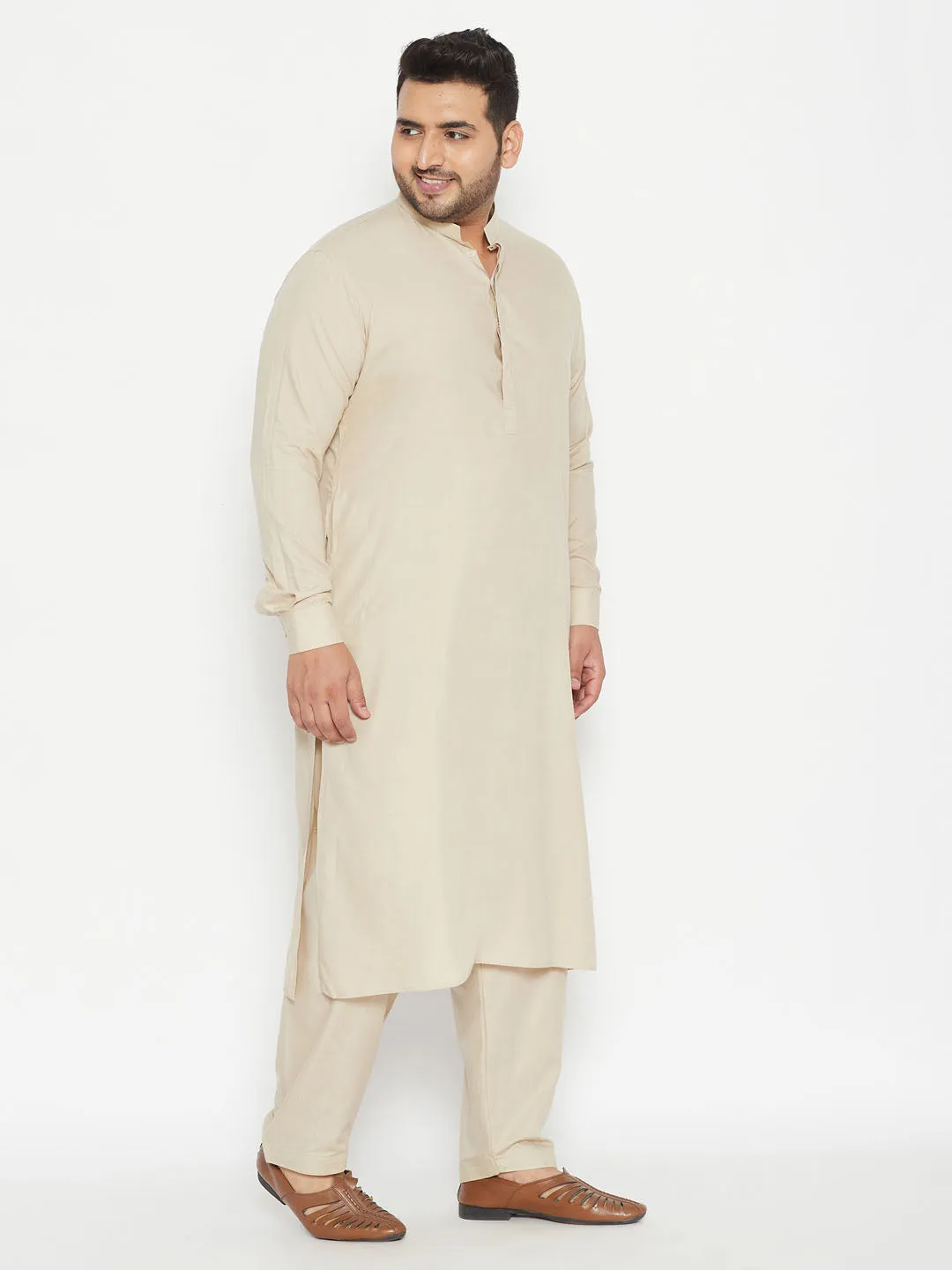 Men's Plus Green Cotton Blend Pathani Set - Vastramay