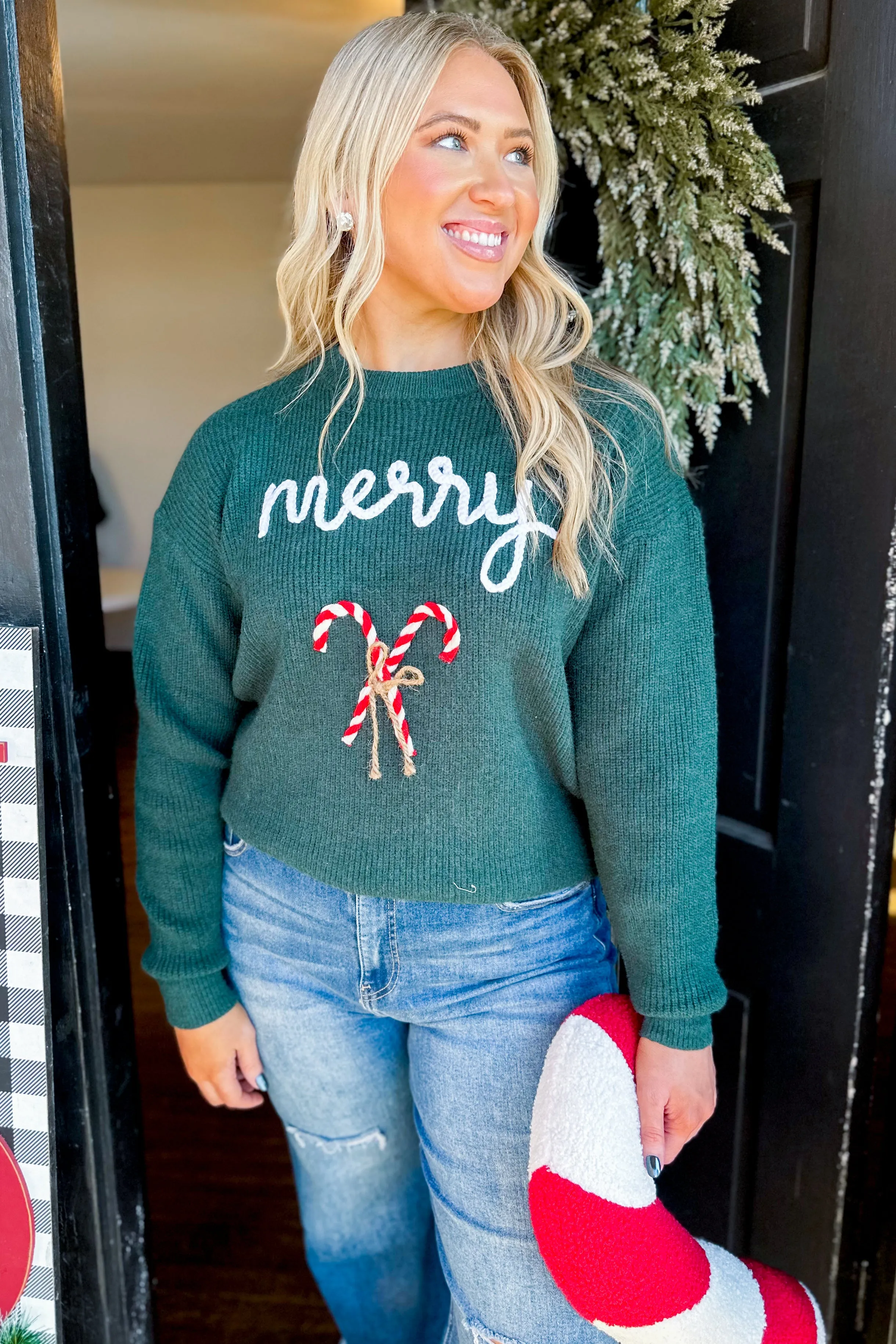 Merry Embroidered Long Sleeve Candy Cane Holiday Sweater